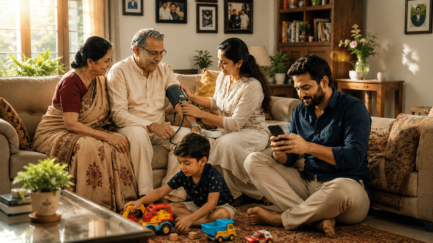 An Indian family in their garden — a nurse checks Papa's blood pressure while the family looks on